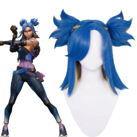 Other - Valorant Neon Cosplay Wig Blue Mixed Yellow Fashion Straight Ponytail Hair 🆕